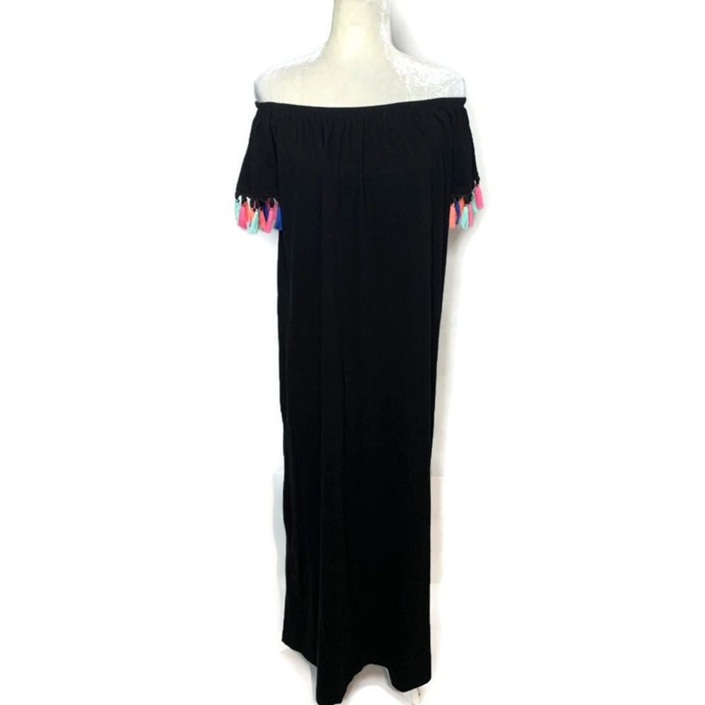 ASOS | black off shoulder maxi dress w tassels